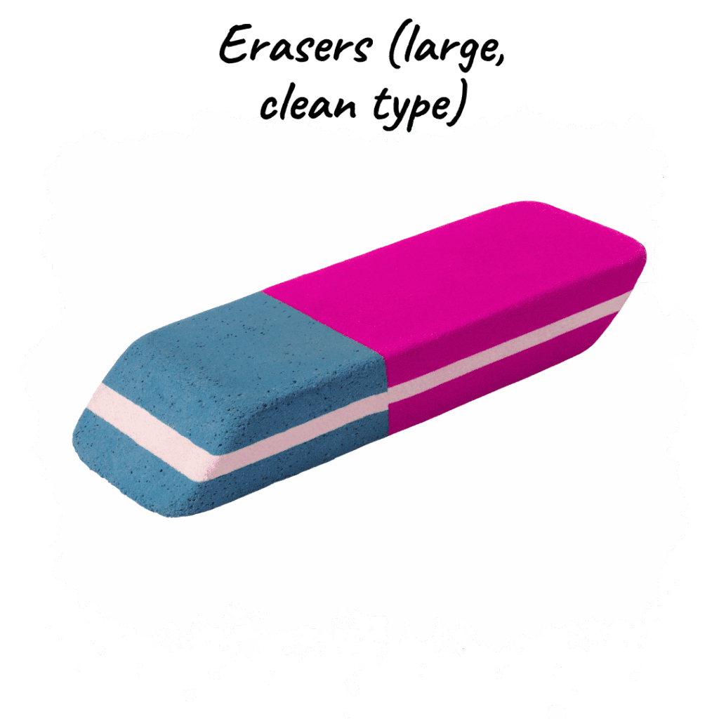 Erasers (large, clean type) – Keeps written work tidy