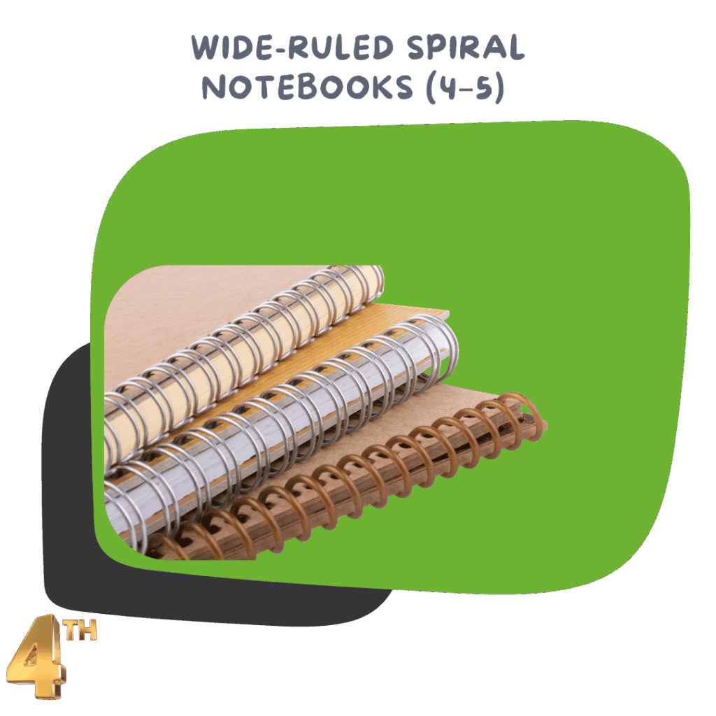 Wide-Ruled Spiral Notebooks (4–5) – One for each main subject