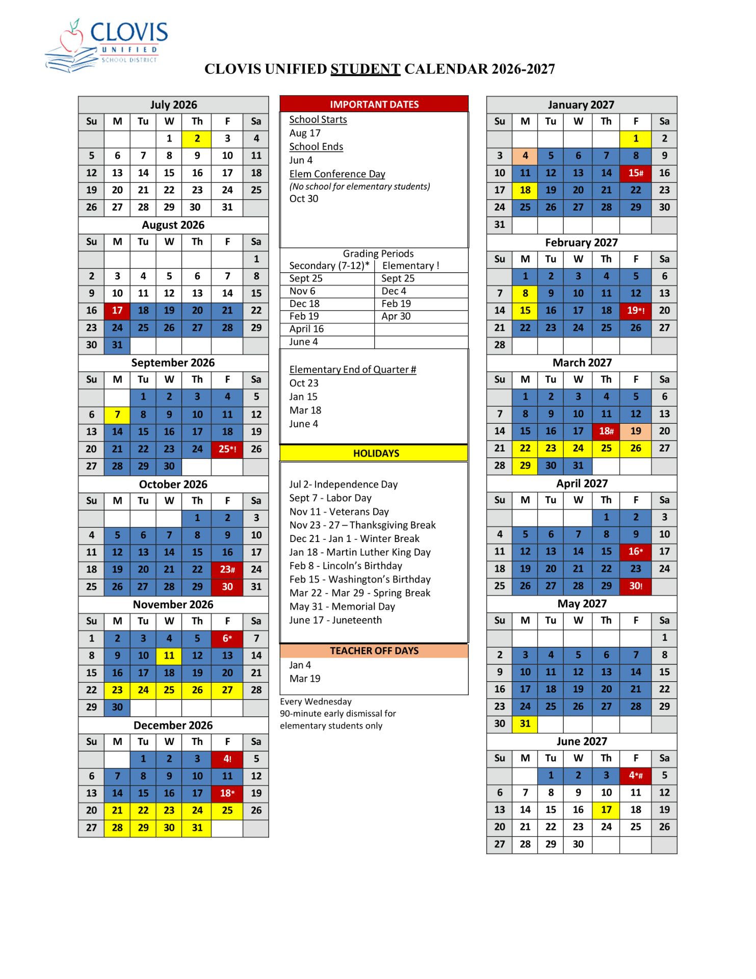 Clovis Unified School District Calendar 26-27 Revised PDF