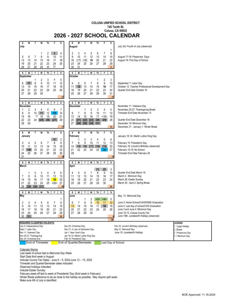 Colusa Unified School District Calender 2026-27