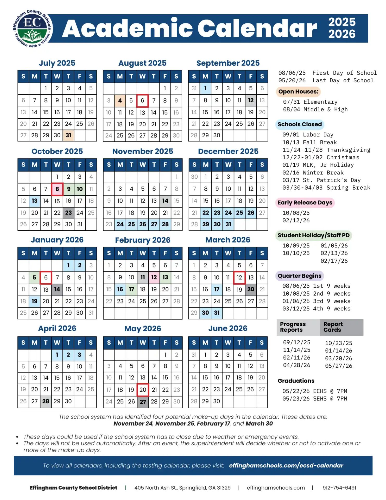 Effingham County School District GA Calendar 26-27 Calendar (Revised)