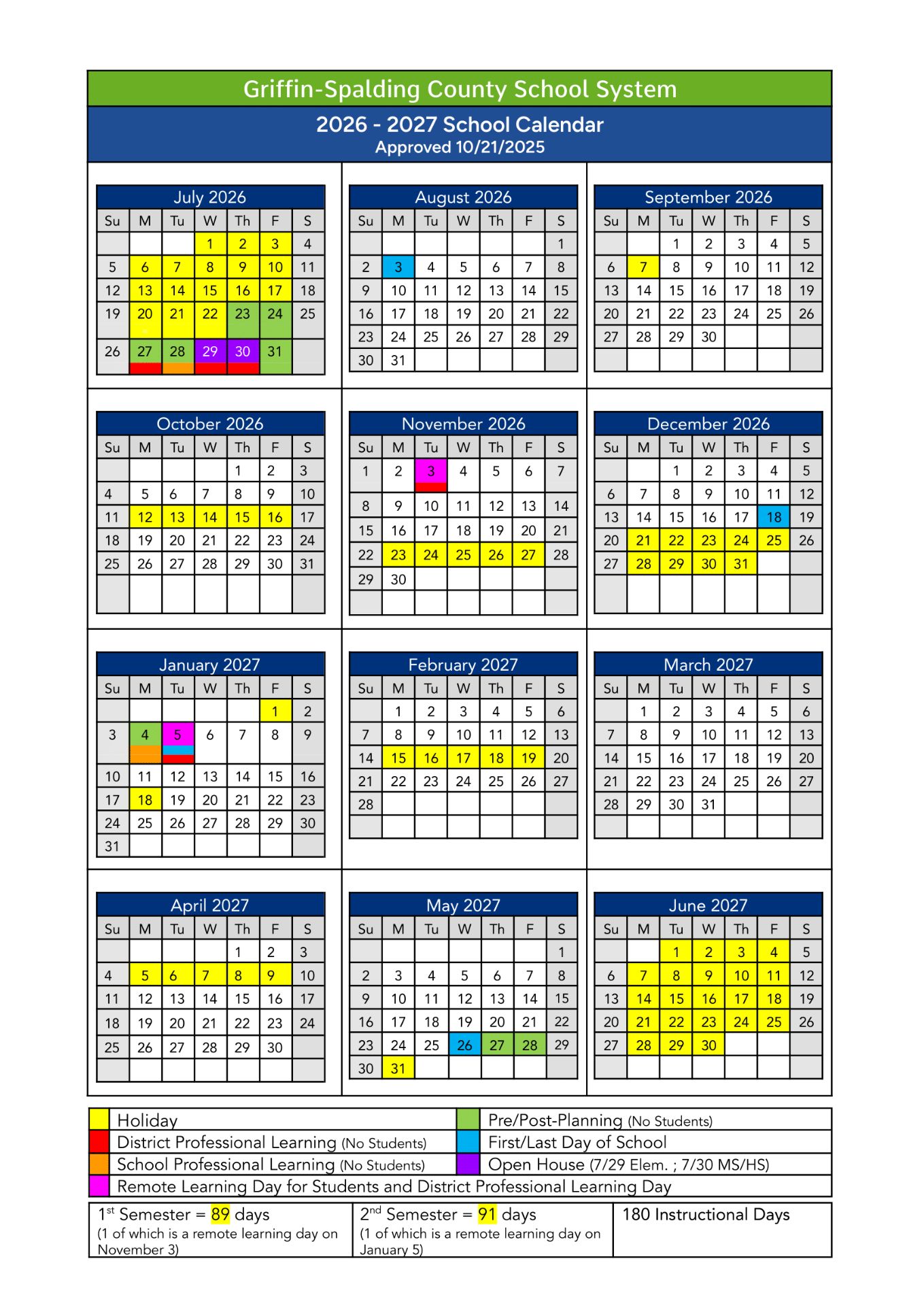 Griffin-Spalding County School GA Calendar 2026-27 Calendar Revised 