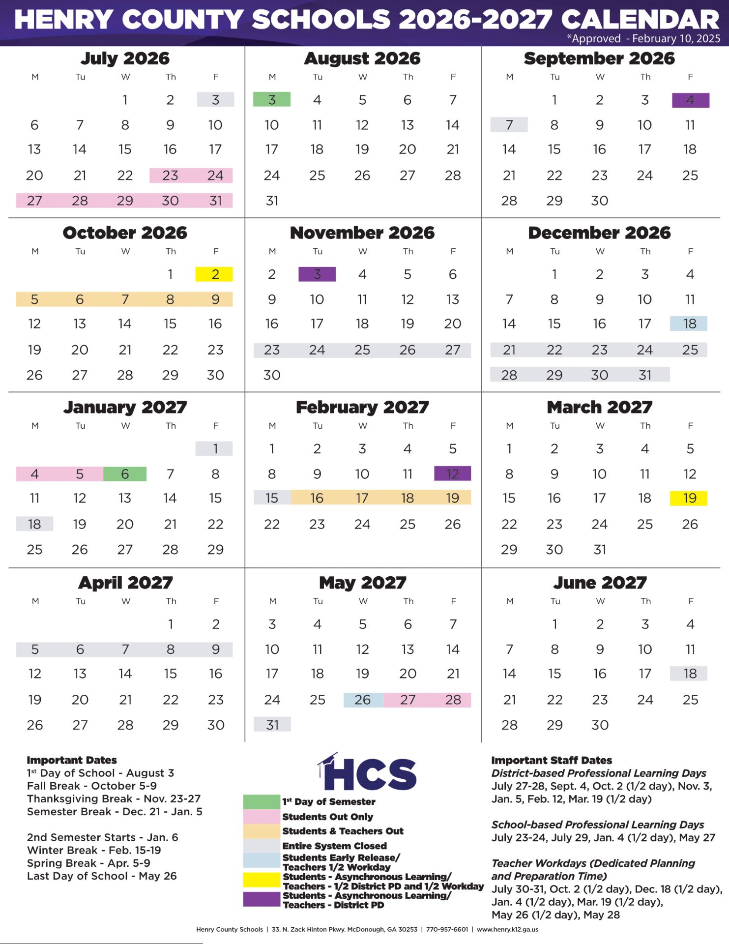 Henry County Schools GA District Calendar 26-27 Revised