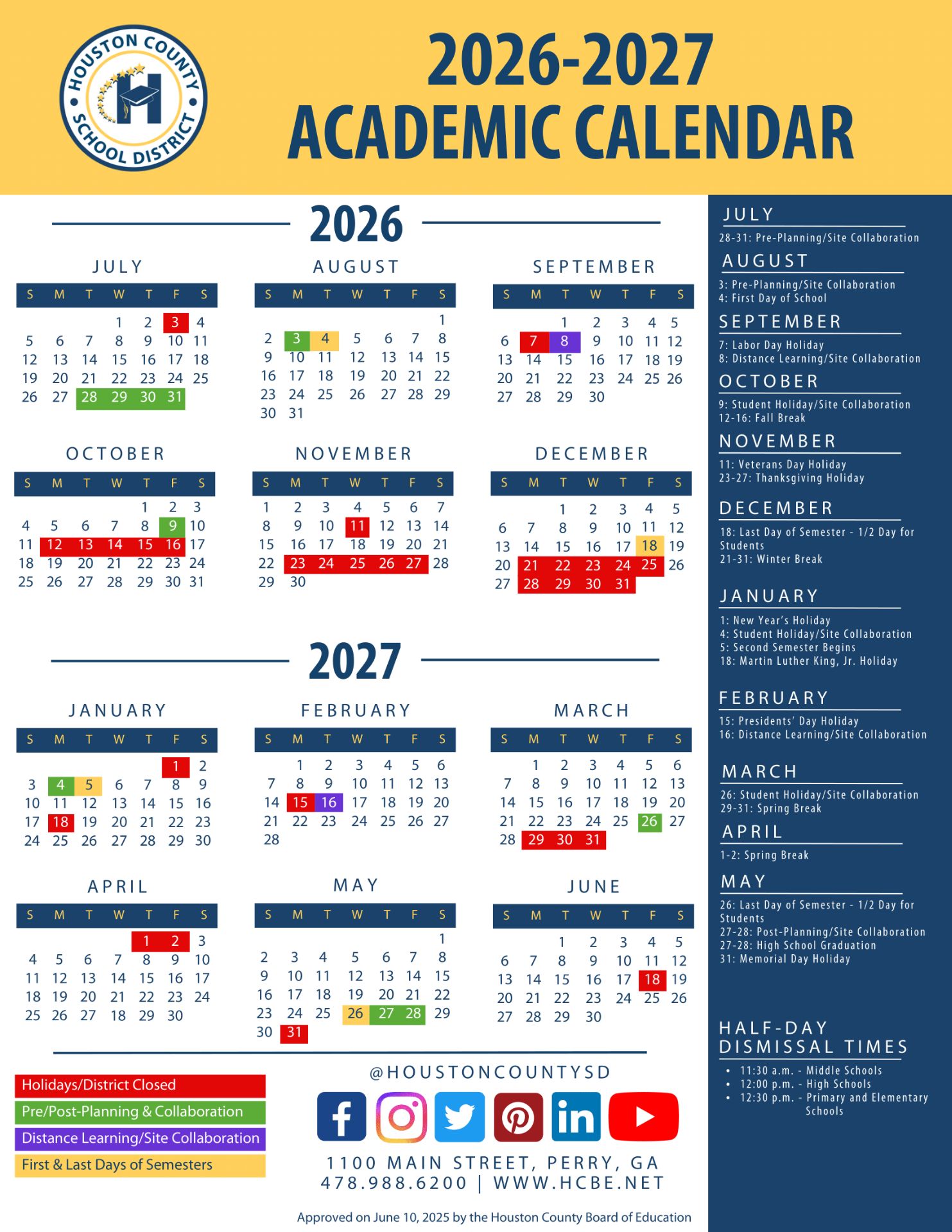 Houston County School District GA Calendar 2026-27 Calendar Revised 