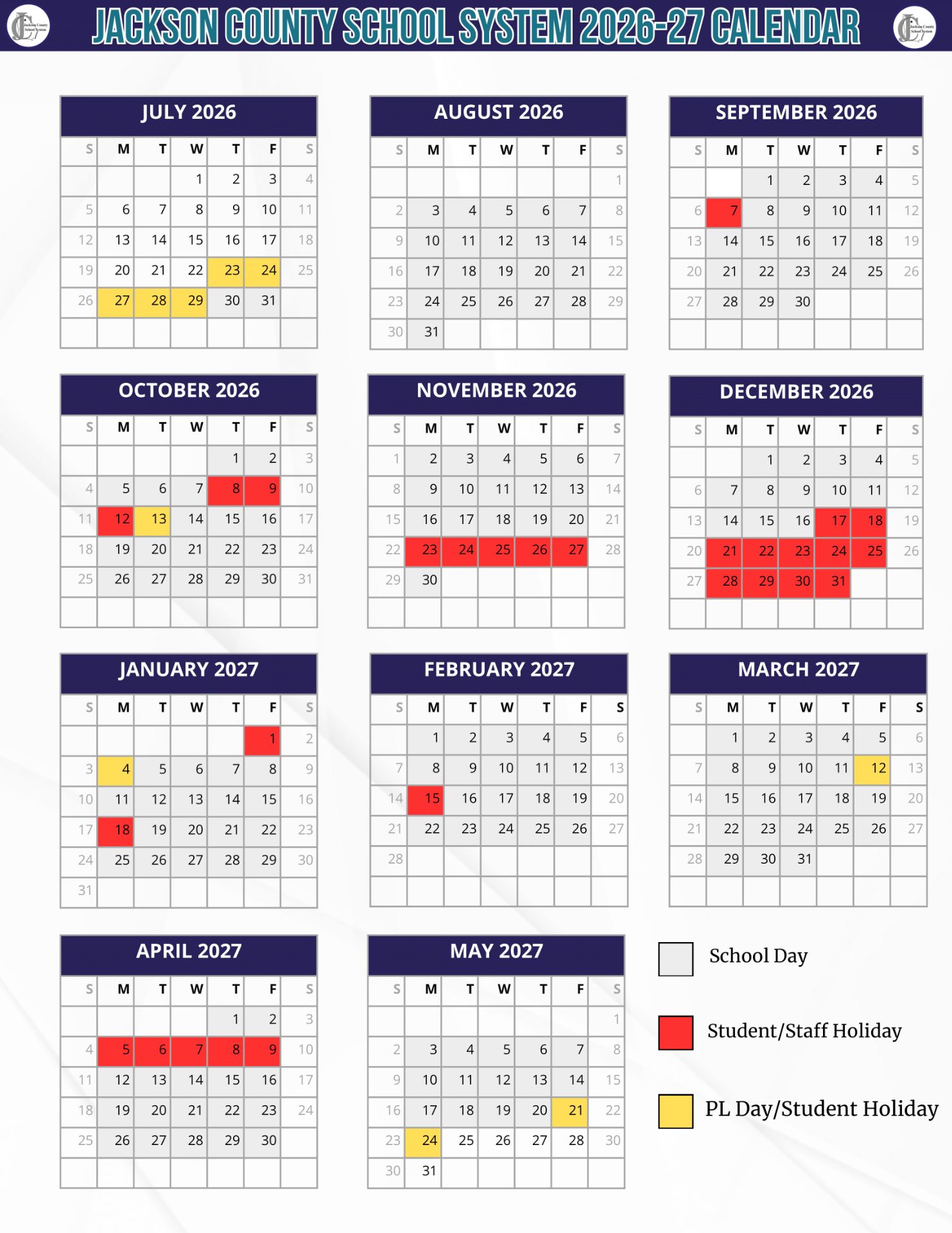 Jackson County School System Calender 2026-27 Calendar Revised 