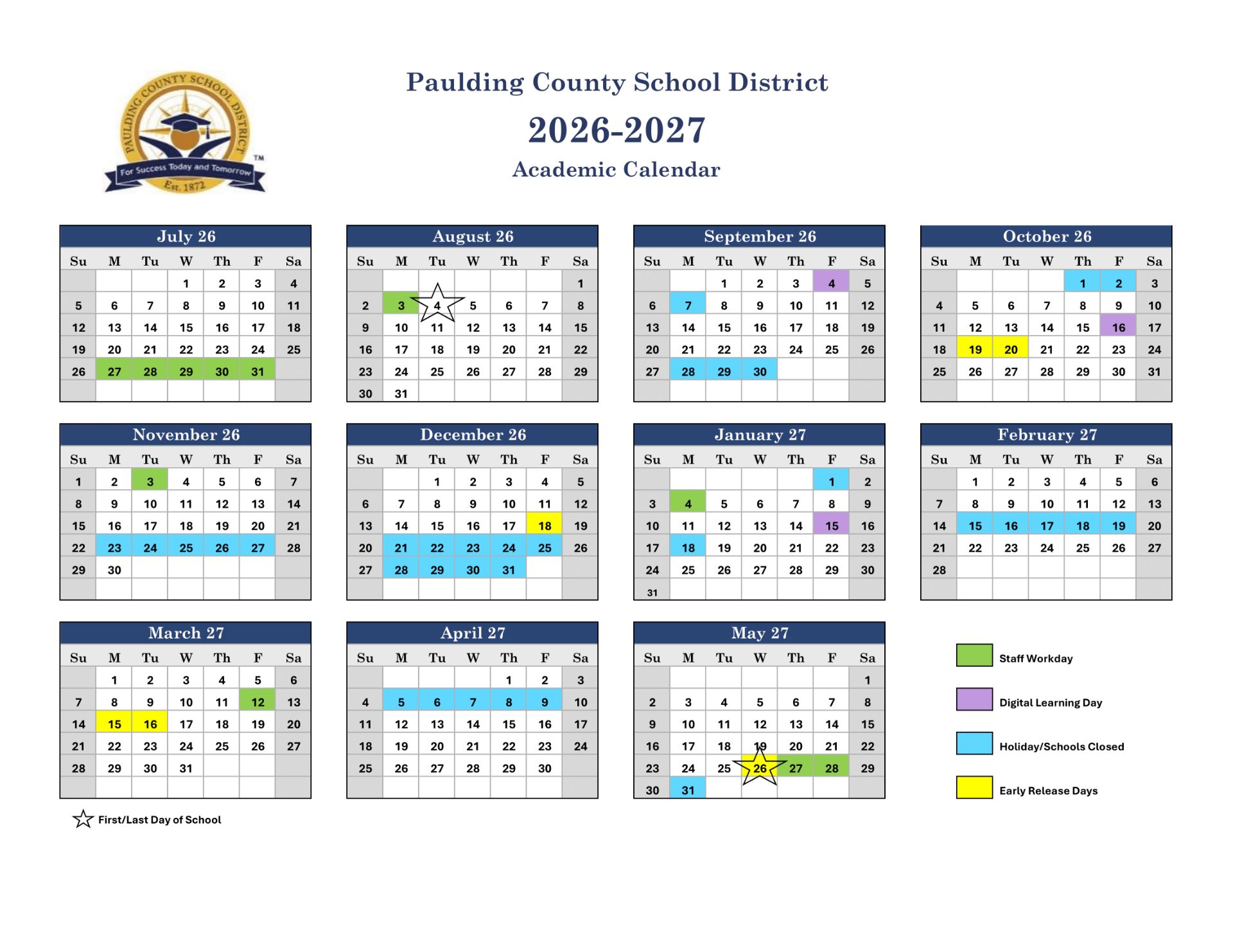 PCSD Paulding County School District Calendar 26-27 Revised
