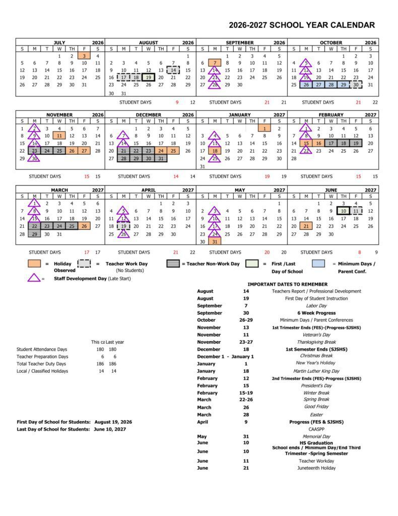 Sierra Unified School District, Calender 2026-27
