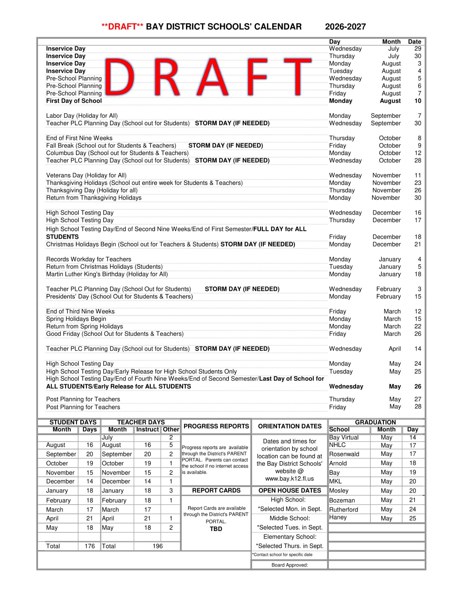 Bay District Schools Calendar 26-27 