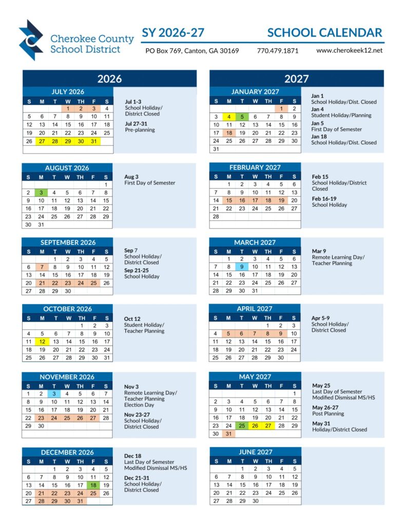 Cherokee County School District Calendar 2026-27
