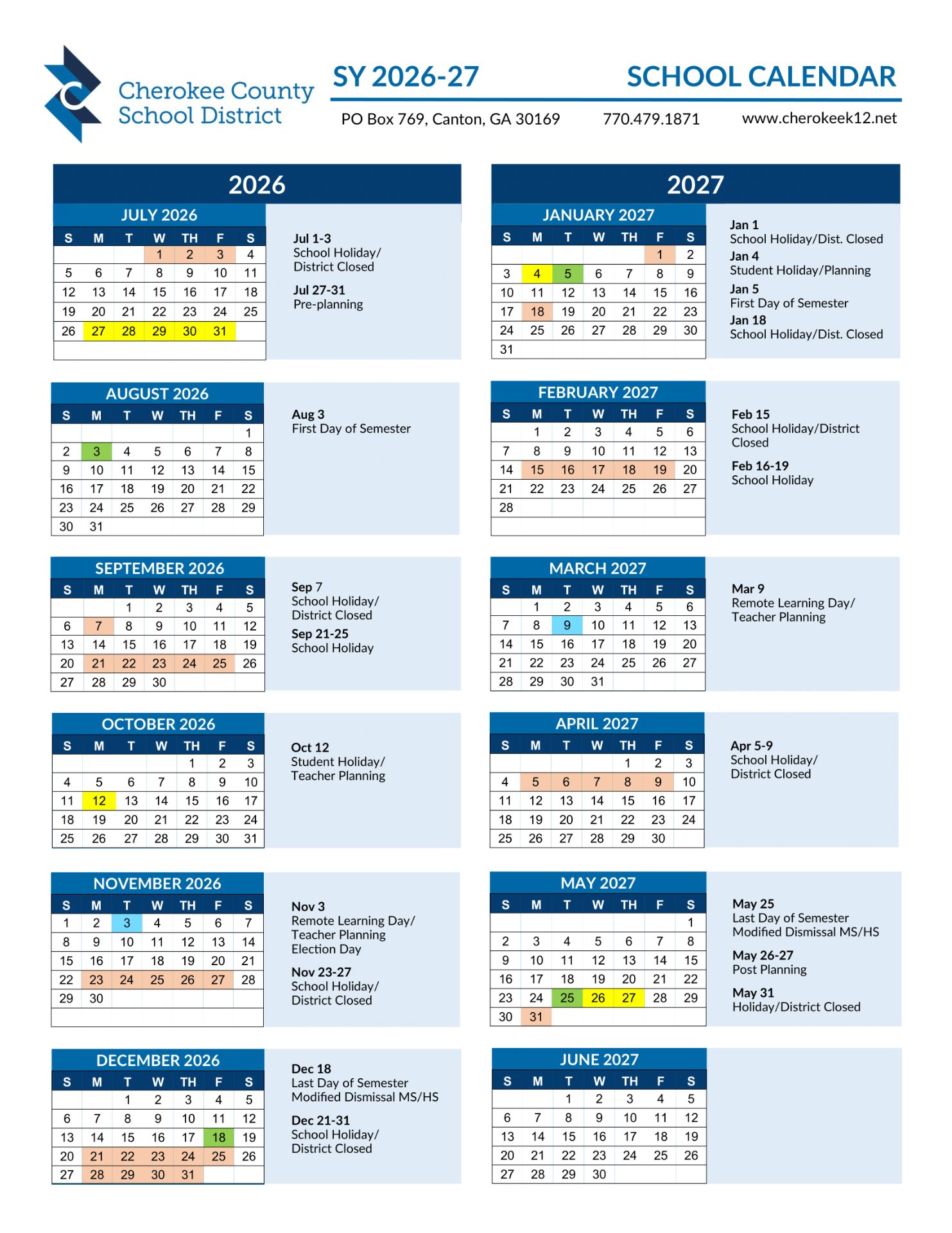 Cherokee County School District Calendar 26-27 [PDF]