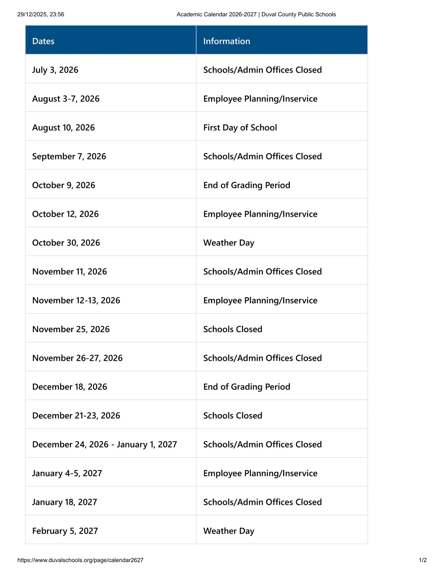 Duval County Public Schools Calendar 26-27 Revised (PDF)