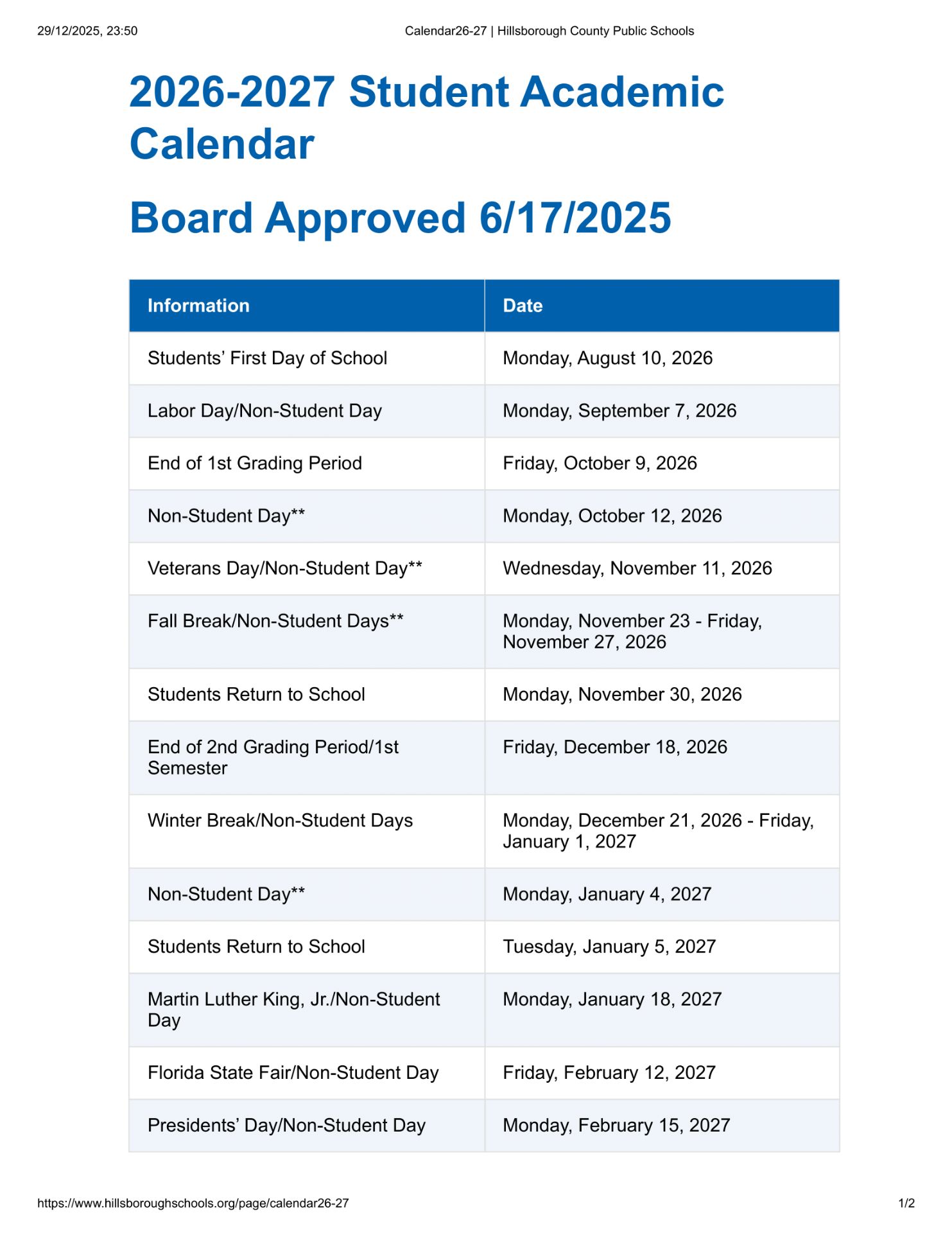 Hillsborough County Public Schools Calendar 26-27 Revised (PDF)