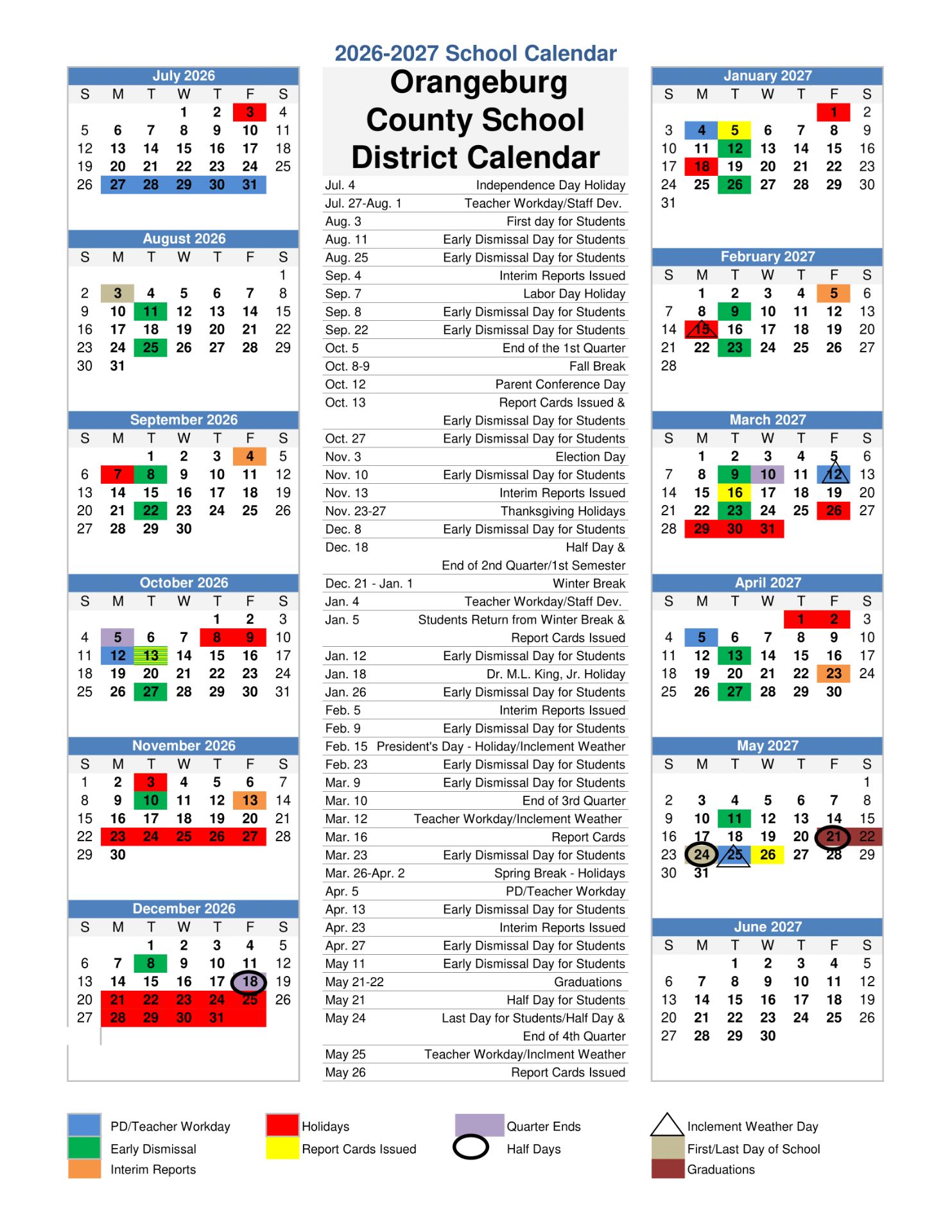 Orangeburg County School District Calendar 26-27 Revised [PDF]