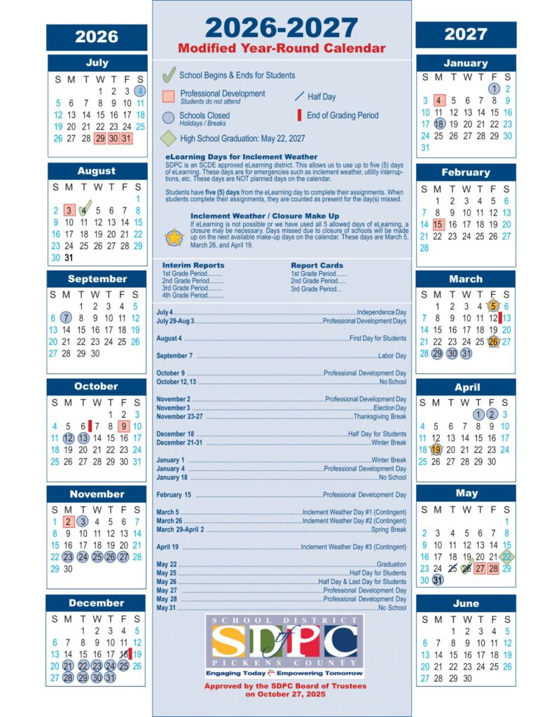 School District of Pickens County Calendar 2026-27