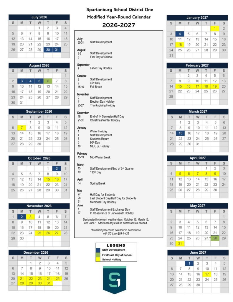 Spartanburg School District One Calendar 2026-27