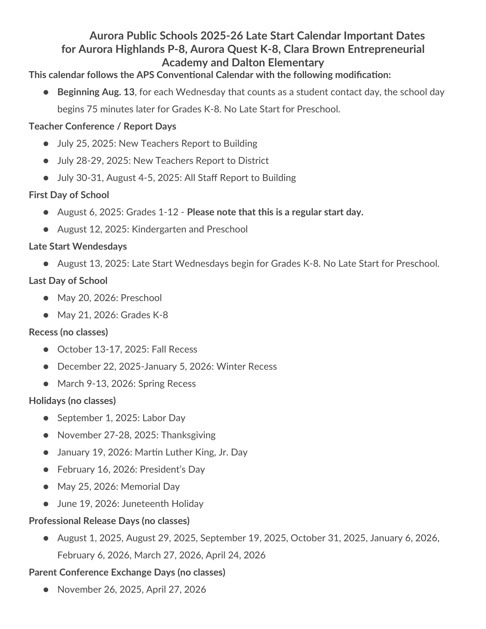 Aurora Public Schools  26-27 Calendar Updates