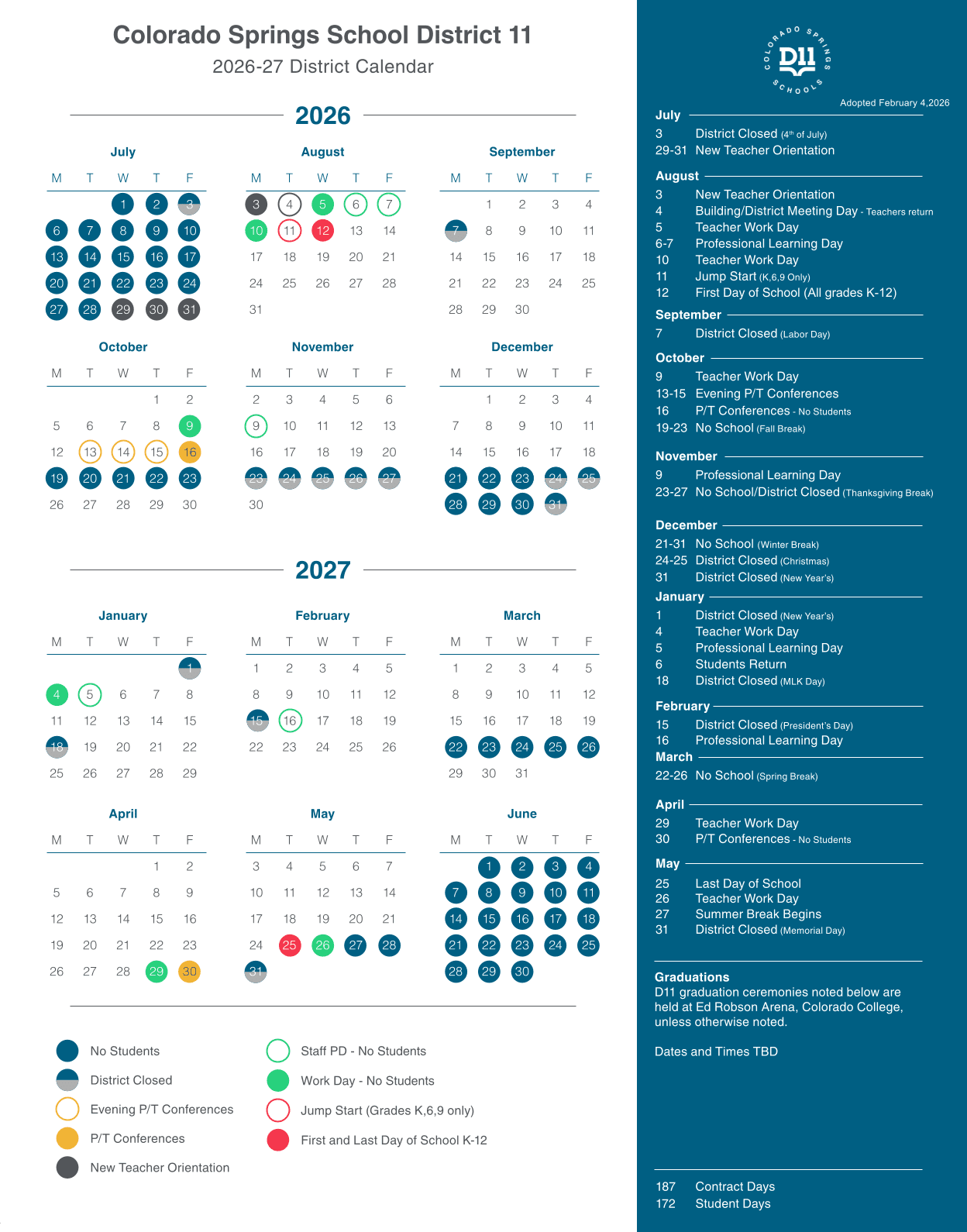 Colorado Springs  District 11 26-27 Calendar Updates School Calendar 2026–2027 - Important Dates and Holidays