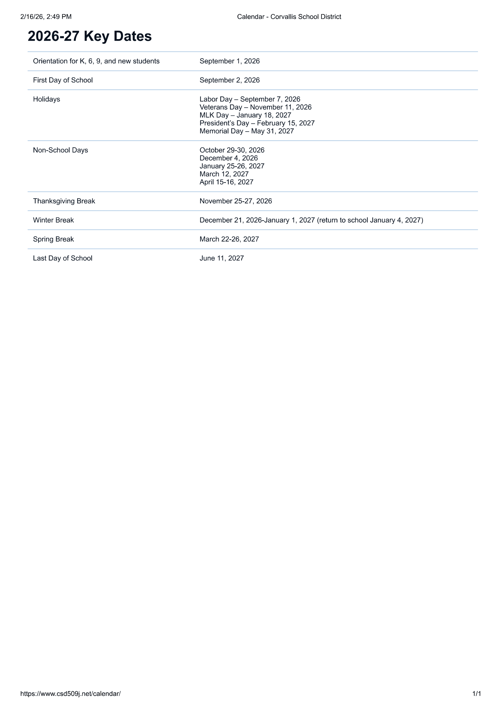 Corvallis School District, OR Calendar 26-27 Updated [PDF]