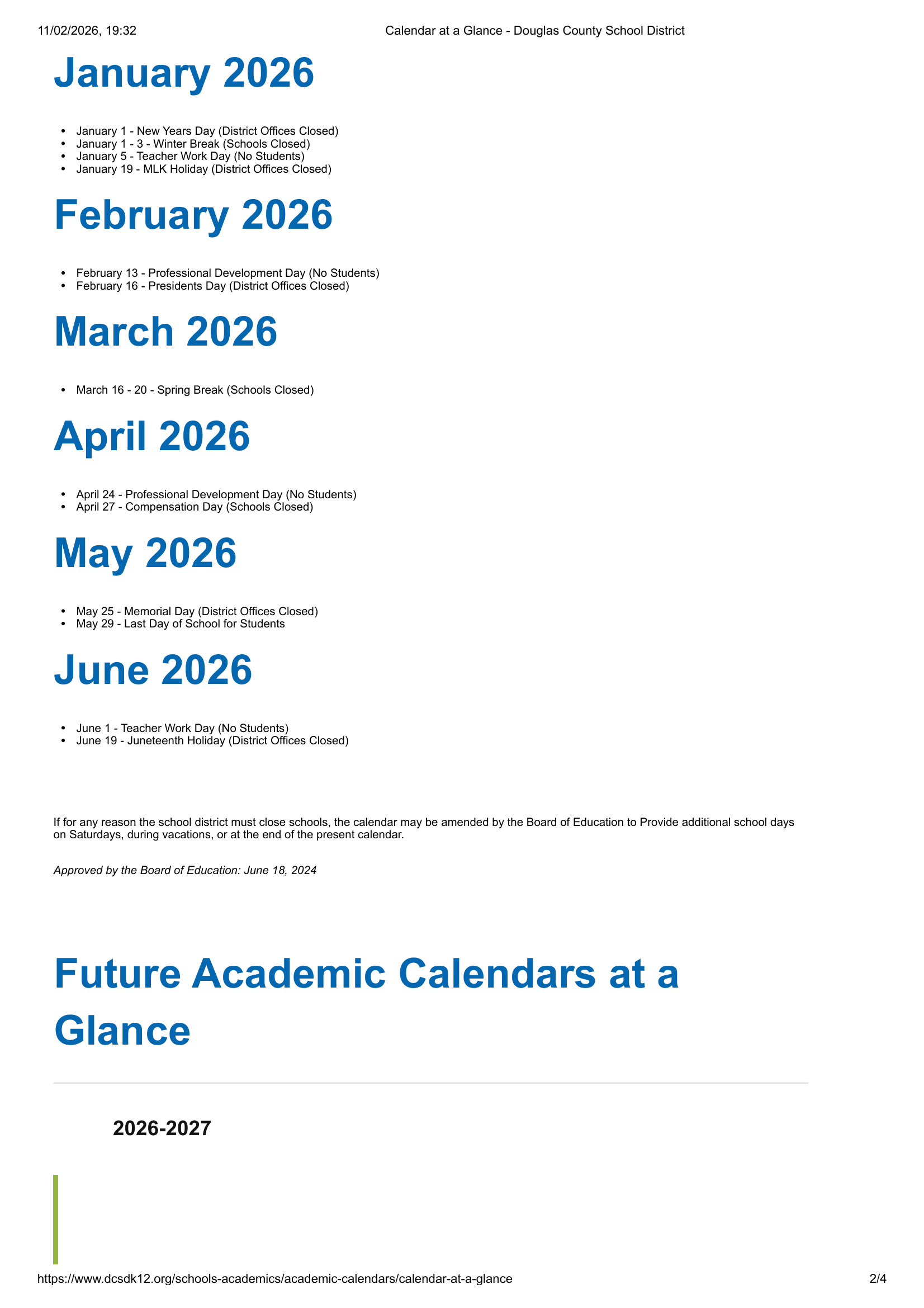 Douglas County School District 26-27 Calendar Updates