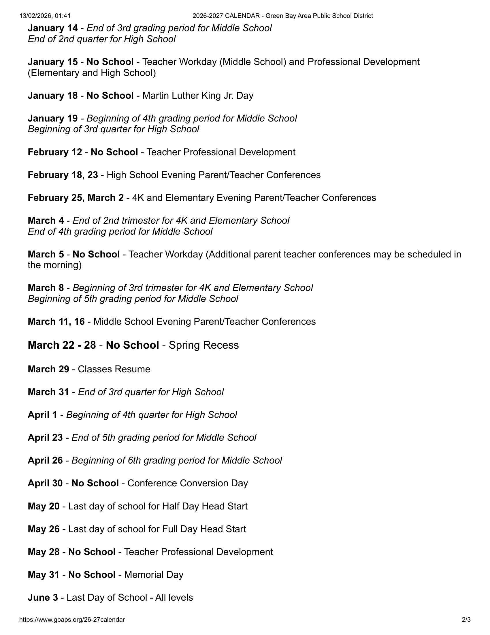 Green Bay Area Public School Calendar 26-27 Updates [pdf]