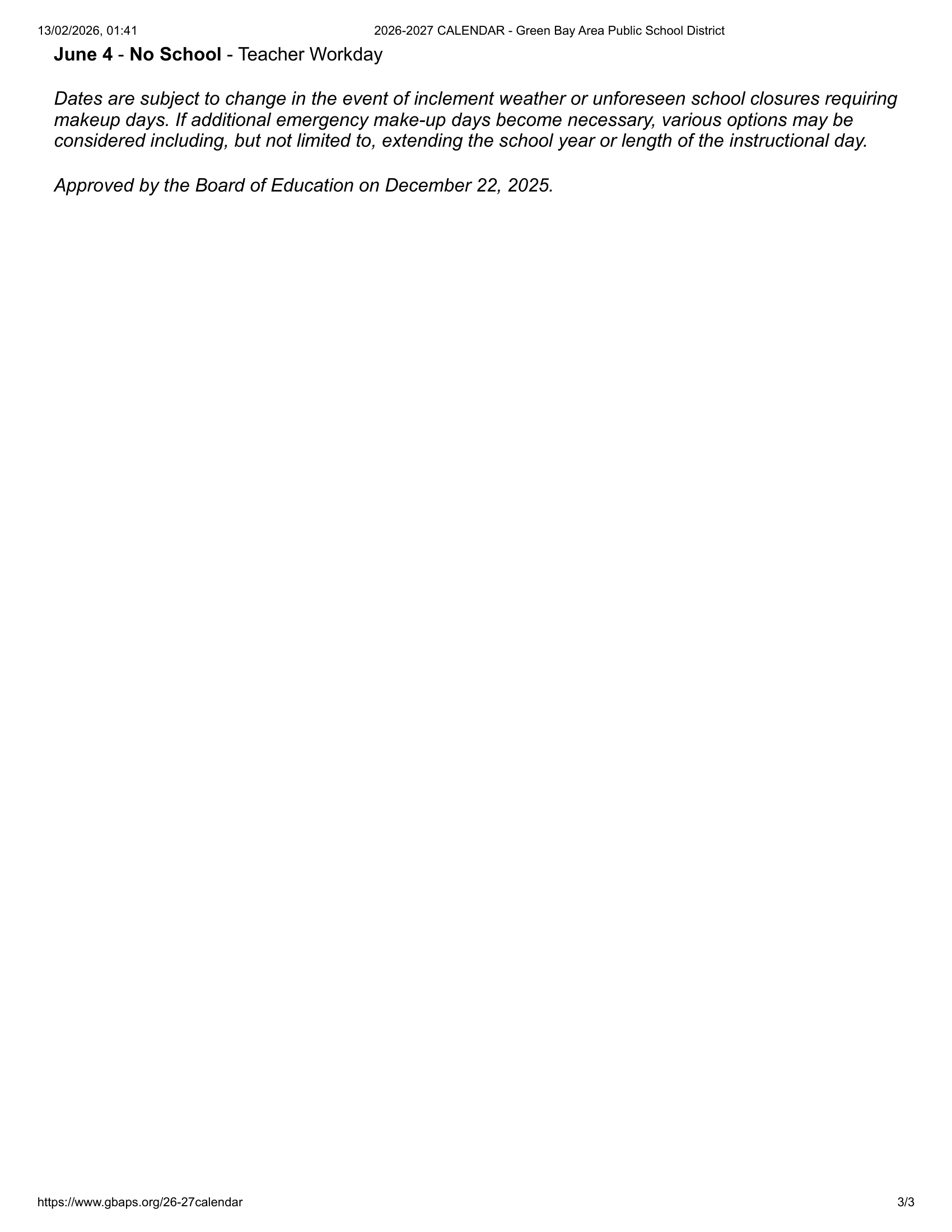 Green Bay Area Public School Calendar 26-27 Updates [pdf]
