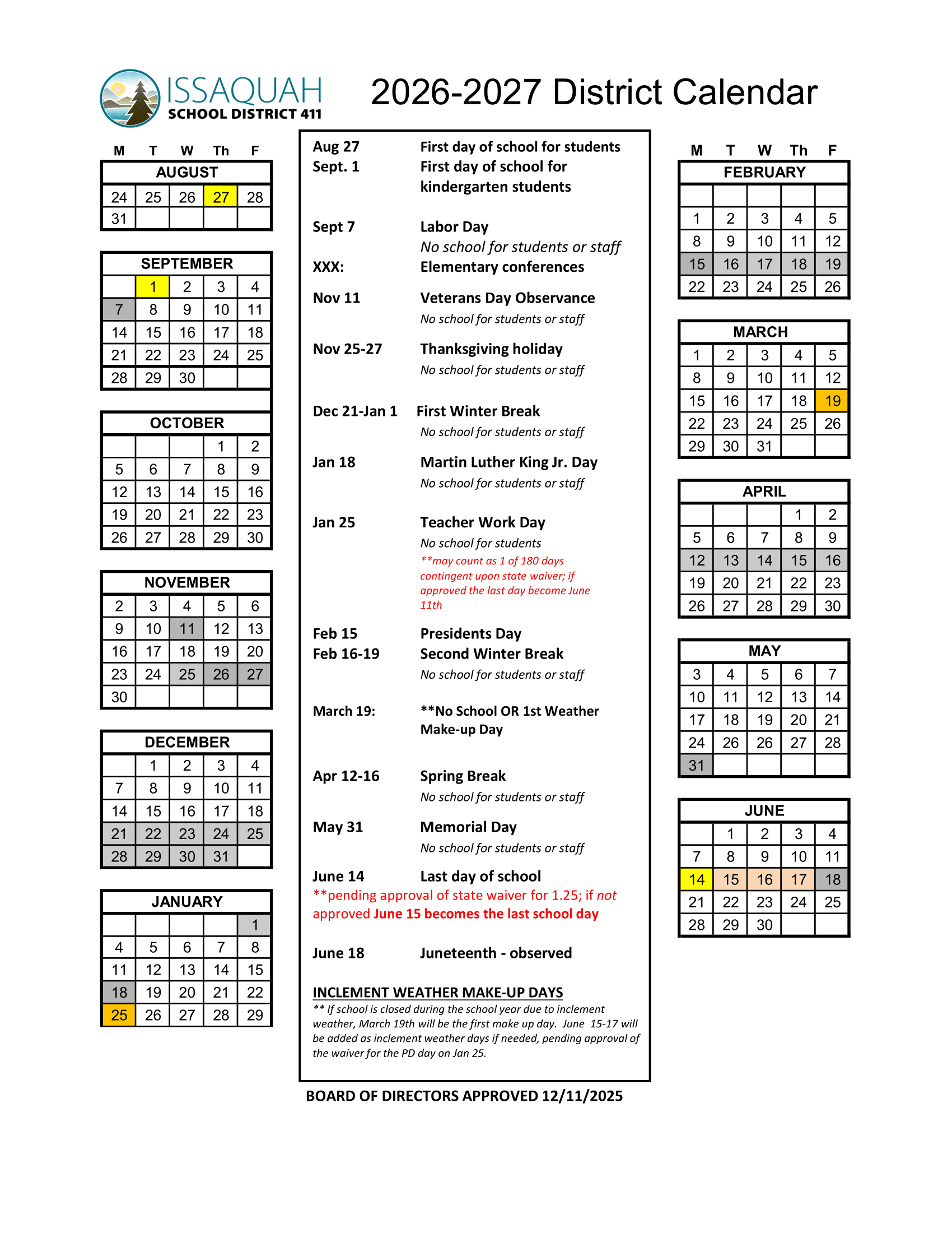 Issaquah School District 411 Calendar 2026-27 img1