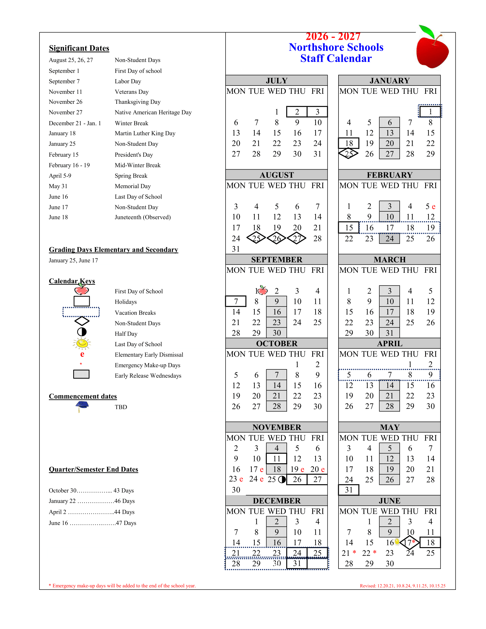 Northshore Schools Calender 2026-27 img1