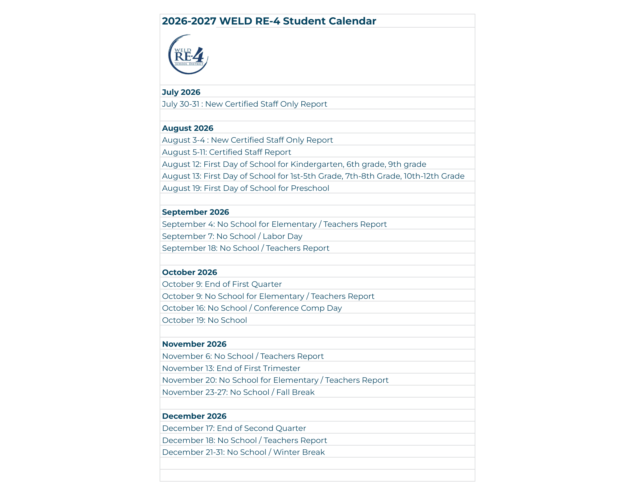 Weld RE-4 School District 26-27 Calendar Updates