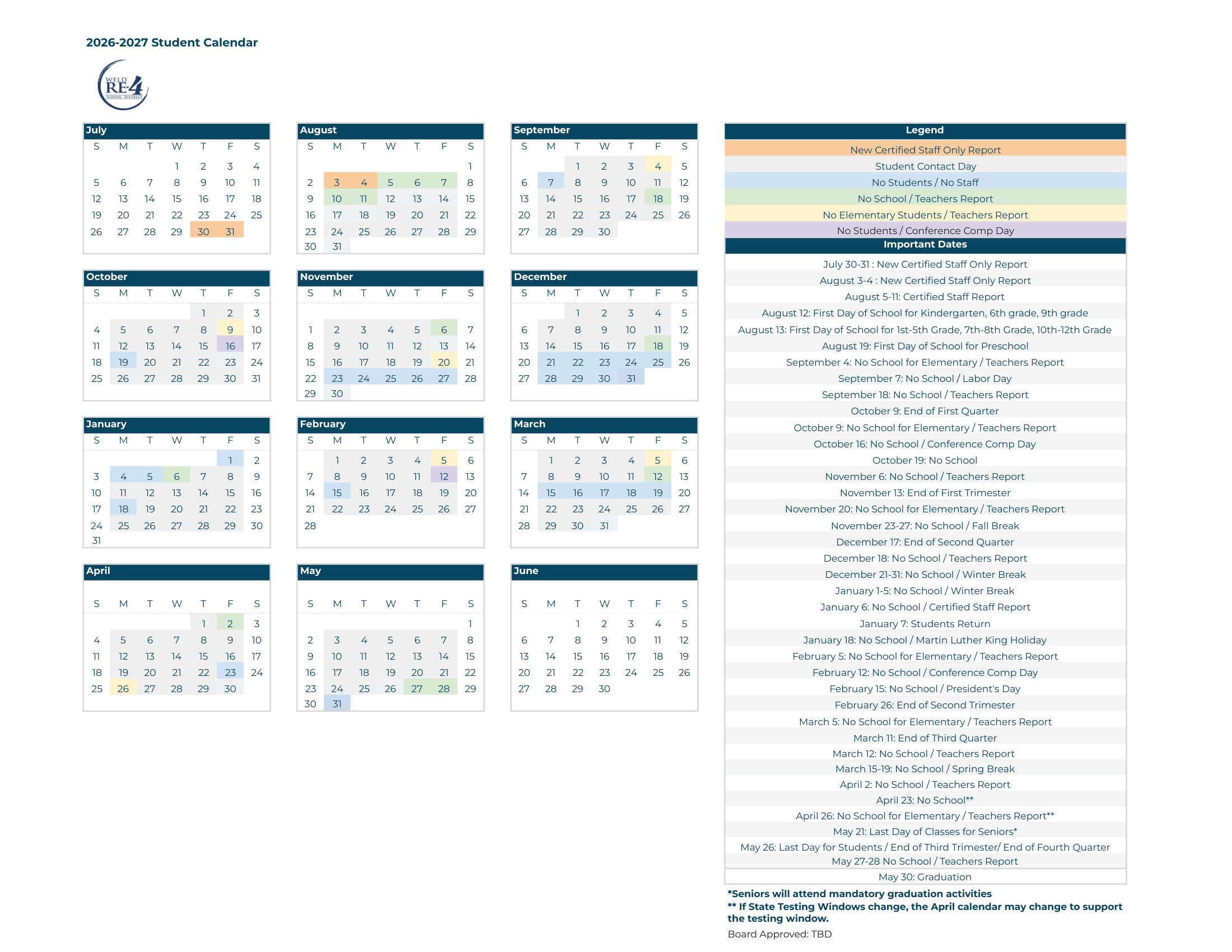 Weld RE-4 School District 26-27 Calendar Updates