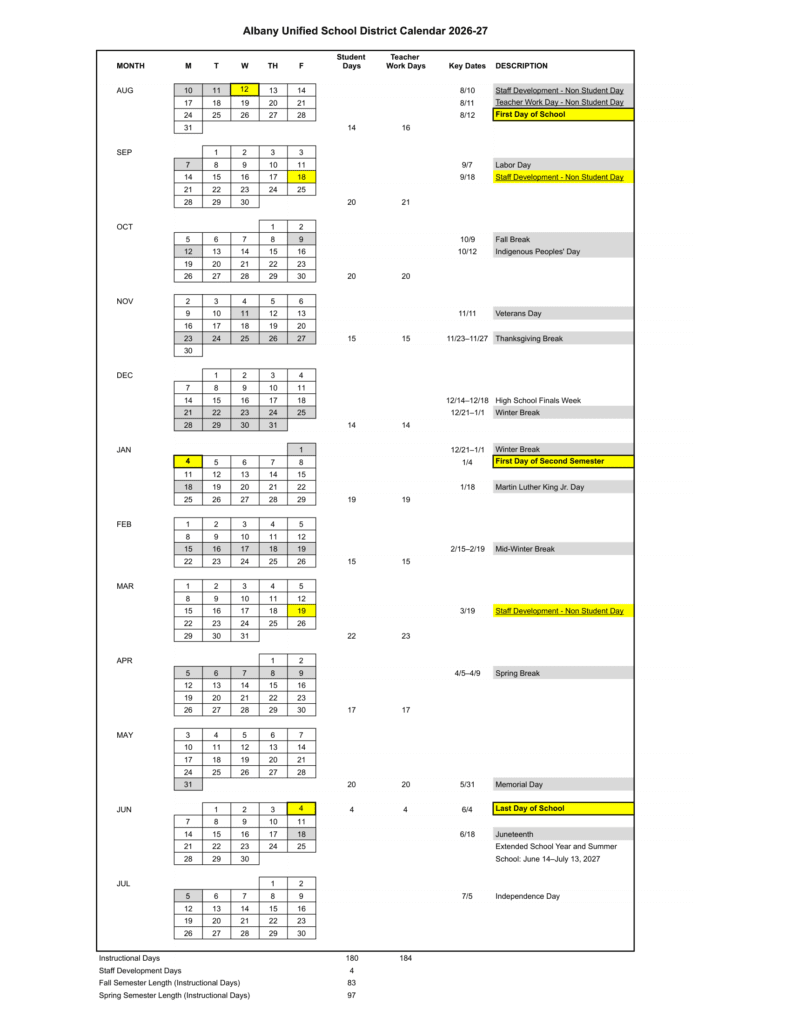 Albany Unified School District 26-27 Calender