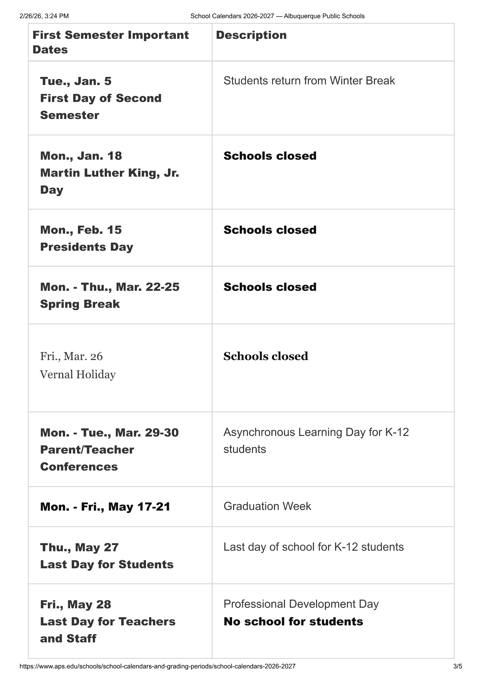 Albuquerque Public Schools Calendar 26-27 [PDF]