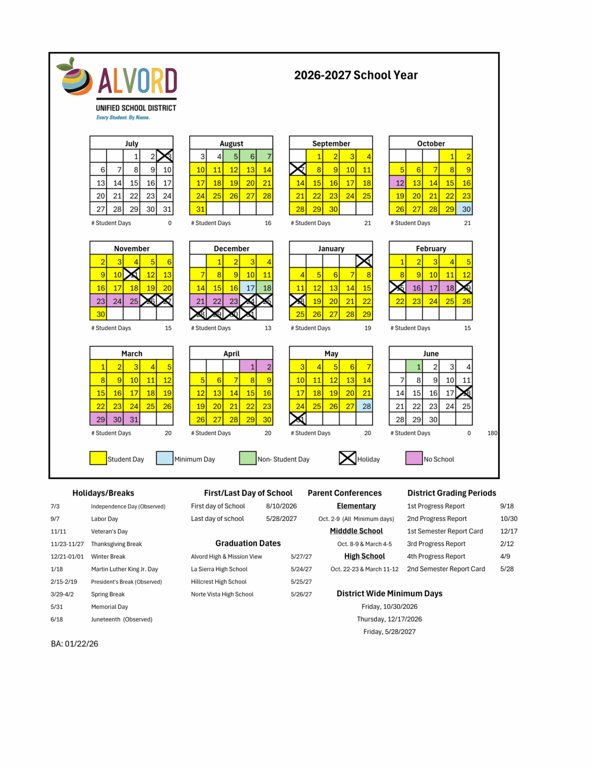 Alvord USD Calendar 26-27 Revised