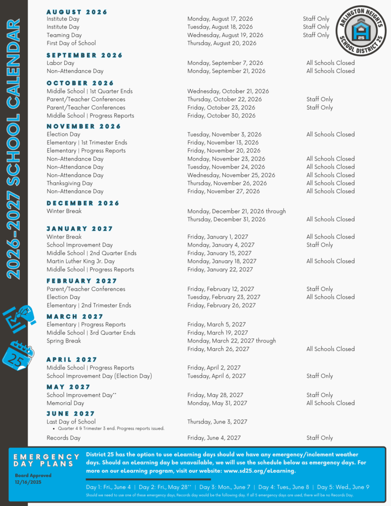 Arlington Heights School District 25 26-27 Calendar