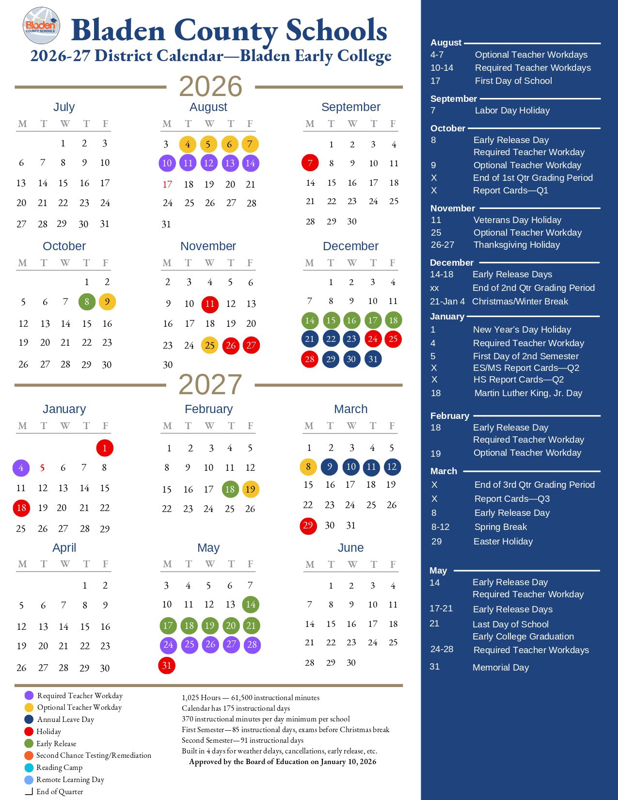 Bladen County Schools  26-27 Calendar [PDF] Updates