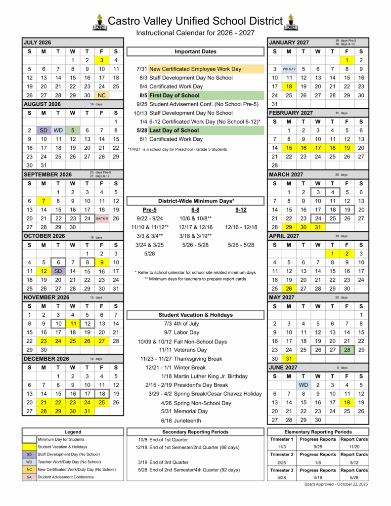 Castro Valley Unified School District 26-27 Calender