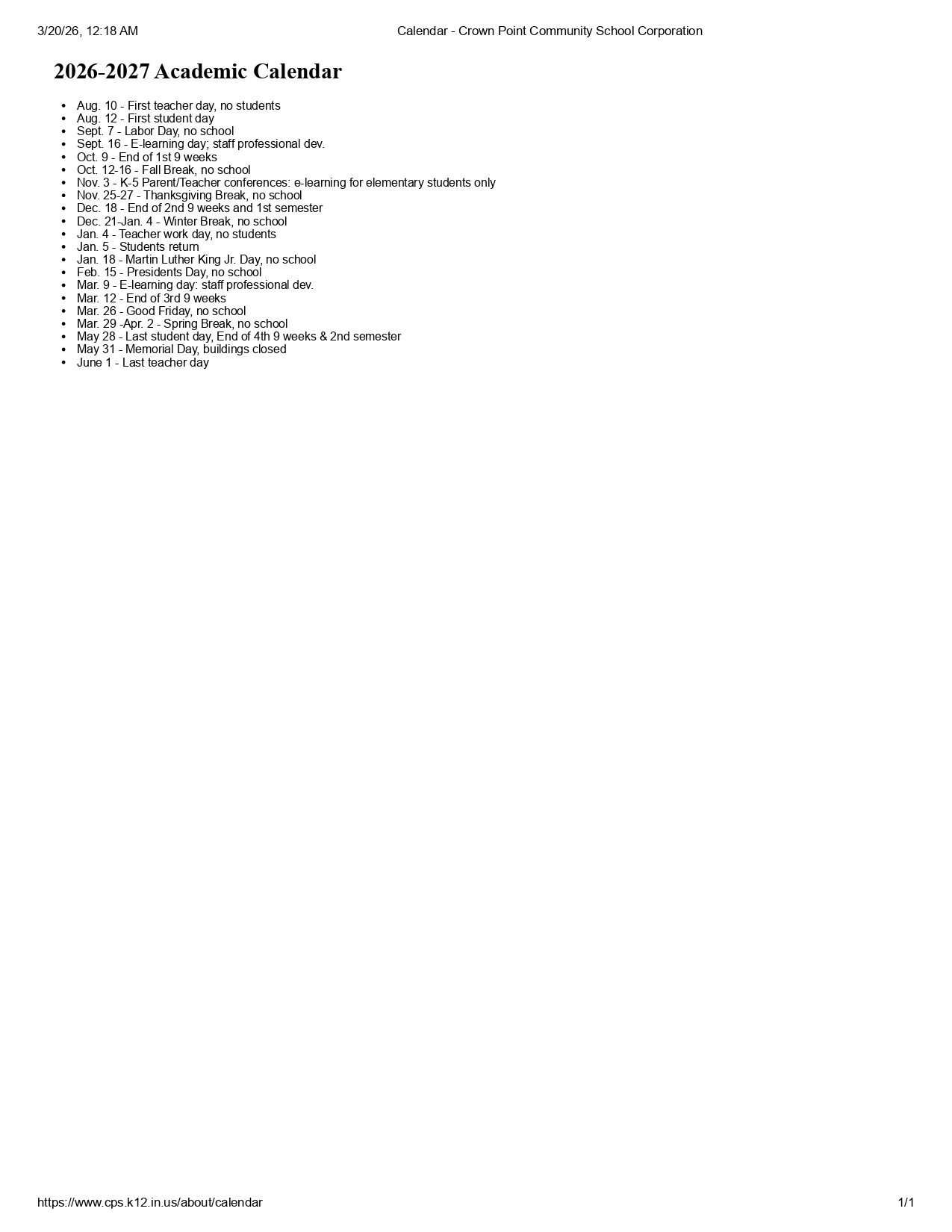 Crown Point Community School Corporation IN Calendar 26-27 [PDF]