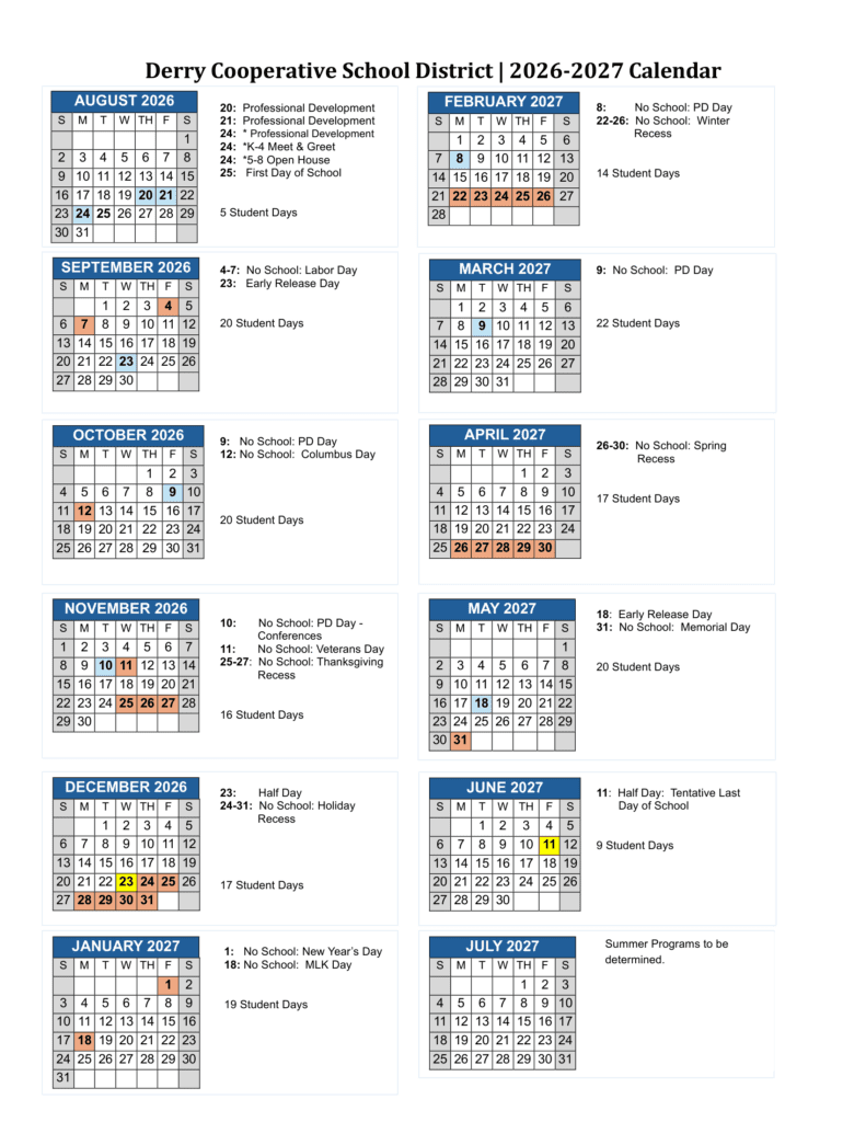 Derry Cooperative School District 26-27 Calendar