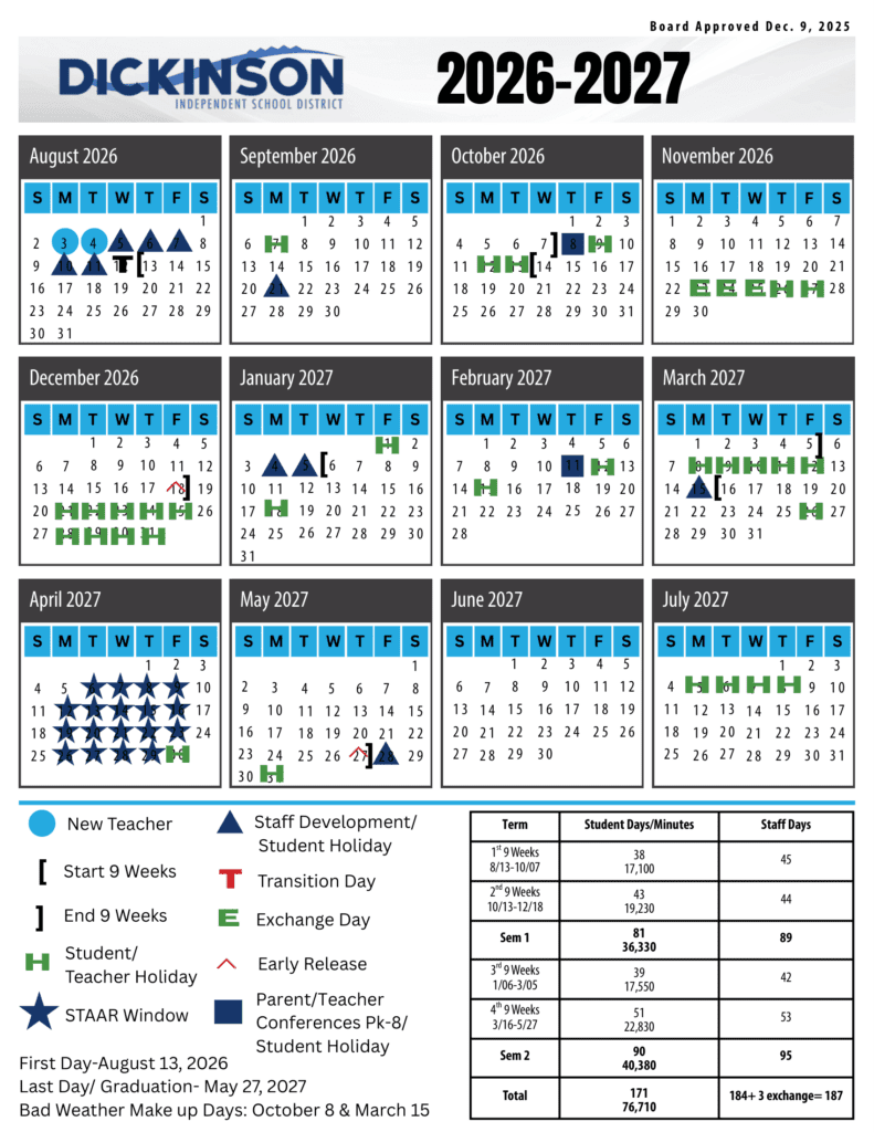 Dickinson Independent School District ISD 26-27 Calendar