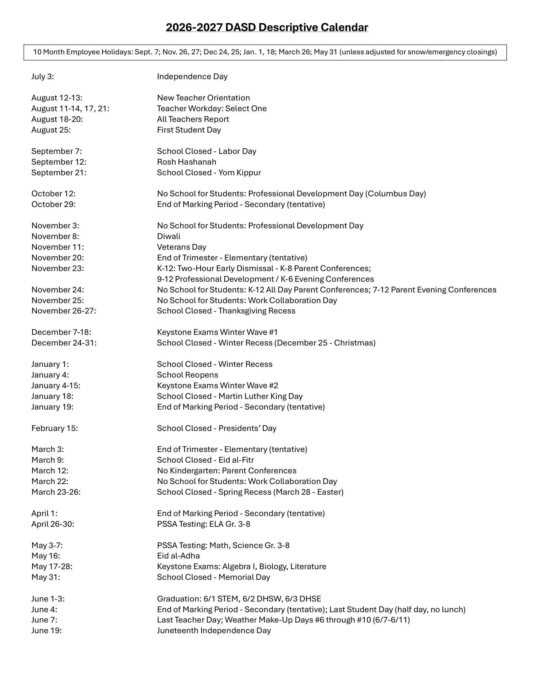 Downingtown Area School District 26-27 Calendar Updated [PDF]