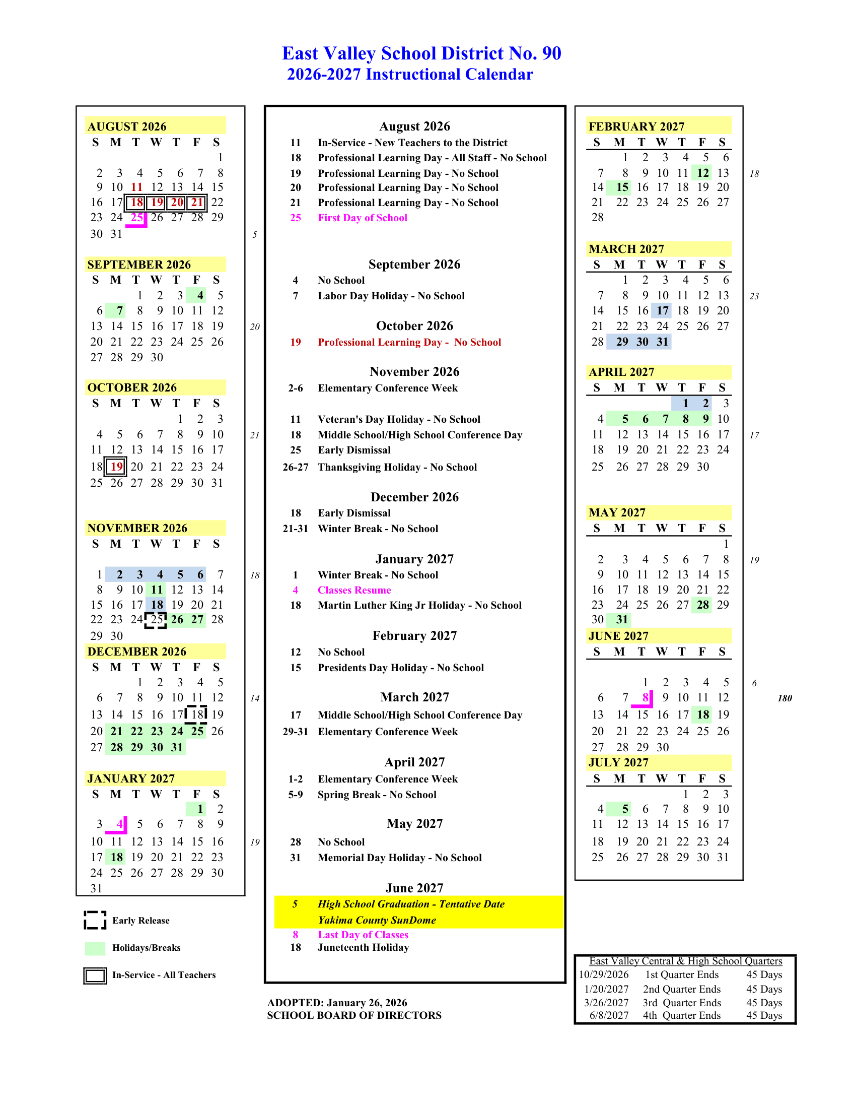 East Valley School District wa Calendar 26-27 [PDF]