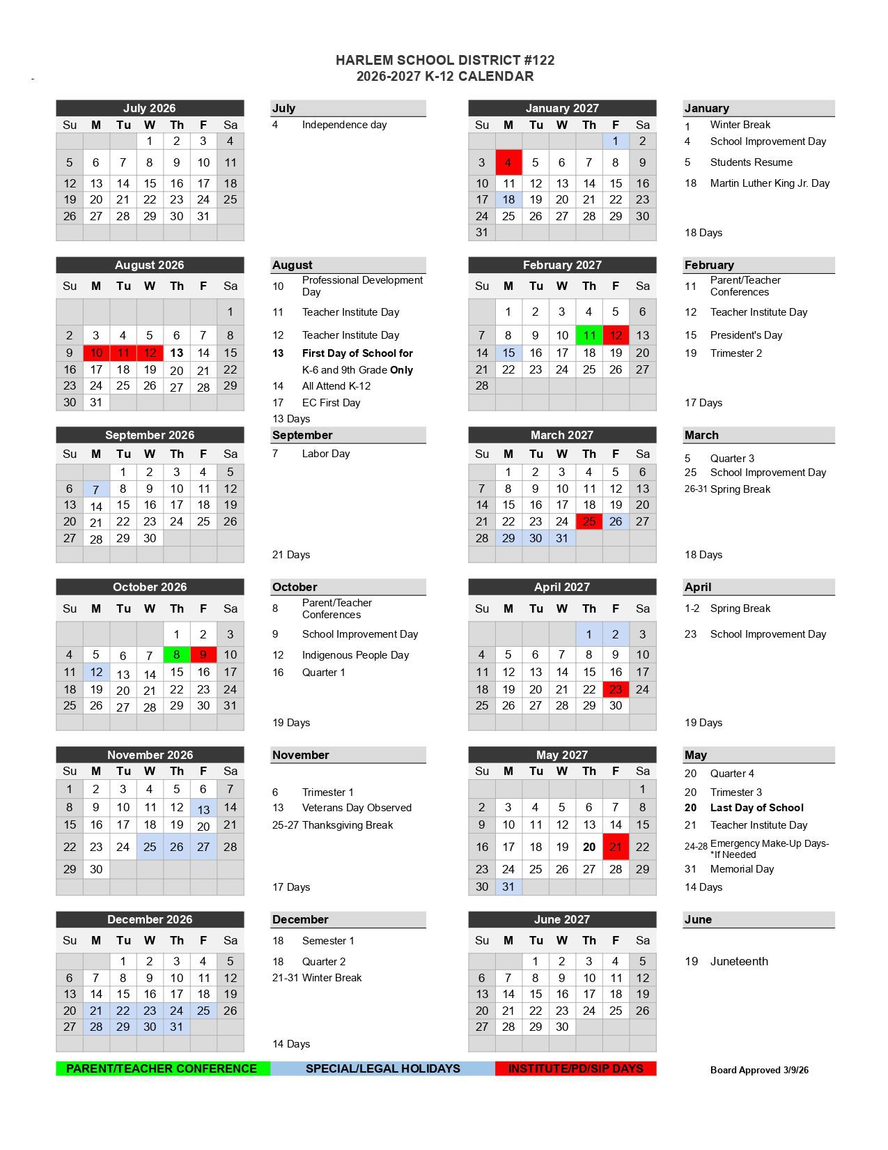 Harlem school district 122  Calendar 26-27 Revised [PDF]