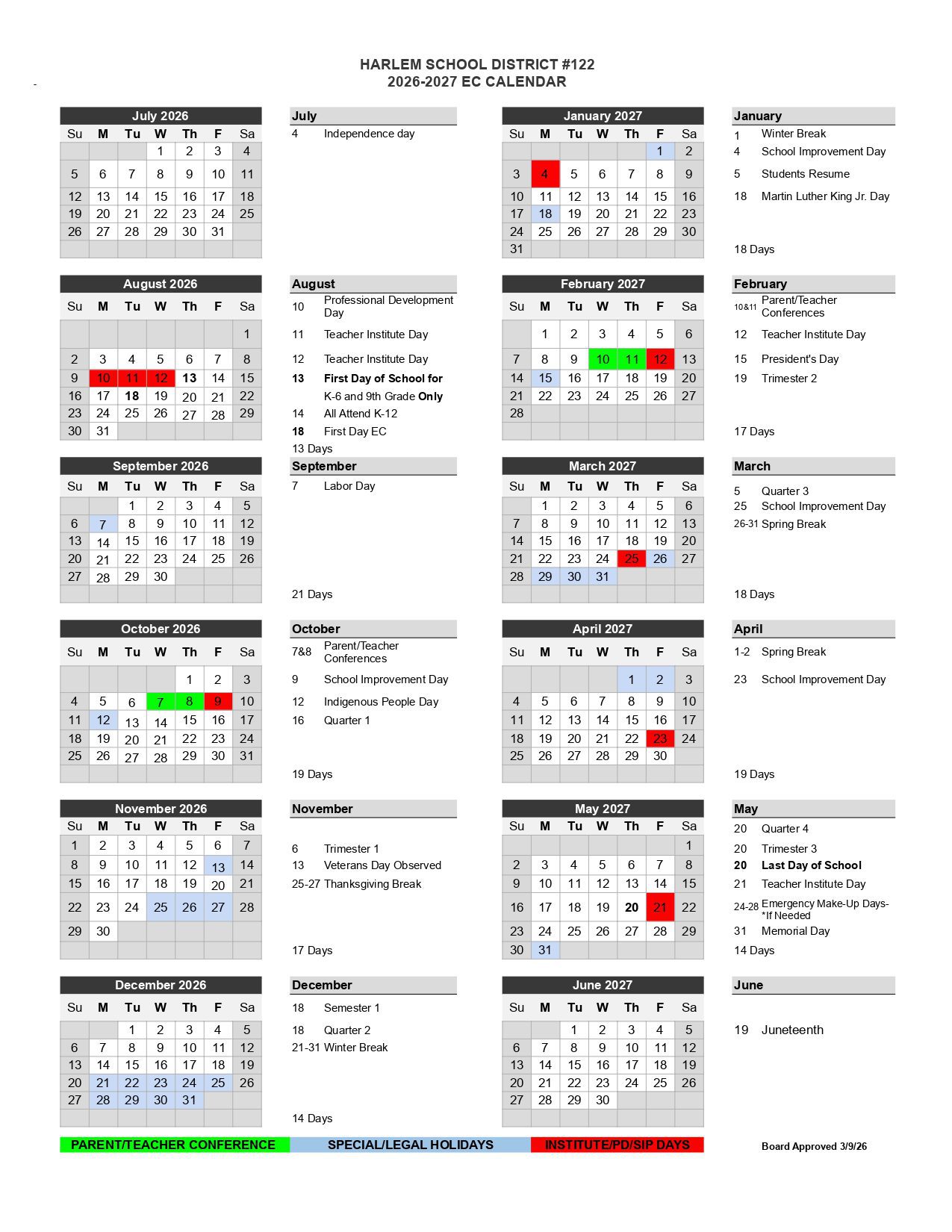 Harlem school district 122  Calendar 26-27 Revised [PDF]