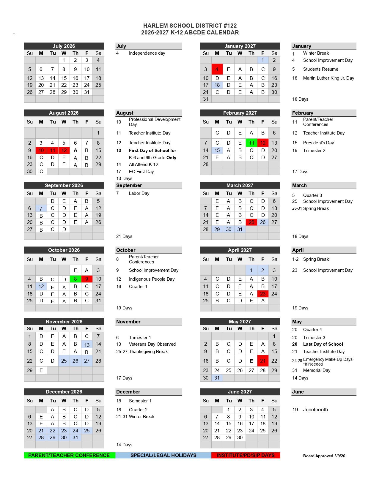 Harlem school district 122  Calendar 26-27 Revised [PDF]