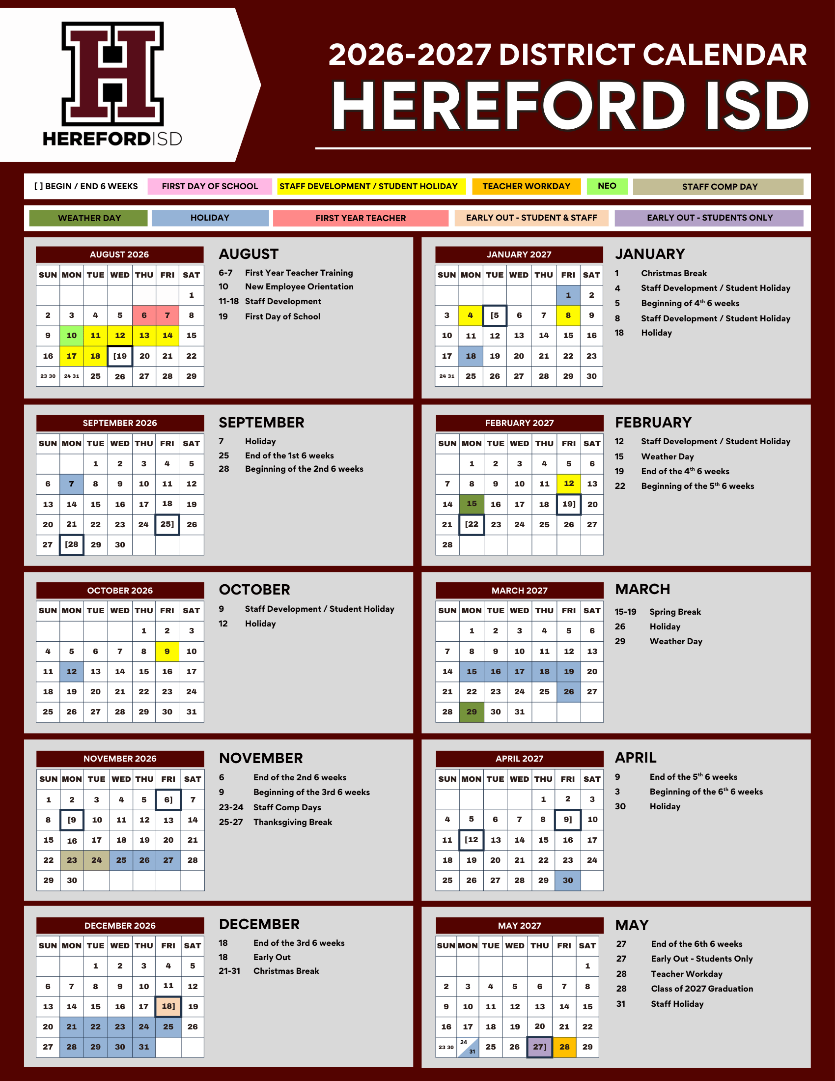 Hereford ISD Calendar 26-27 Revised [PDF]