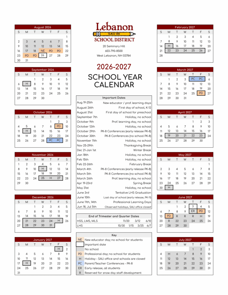 Lebanon School District 26-27 Calendar