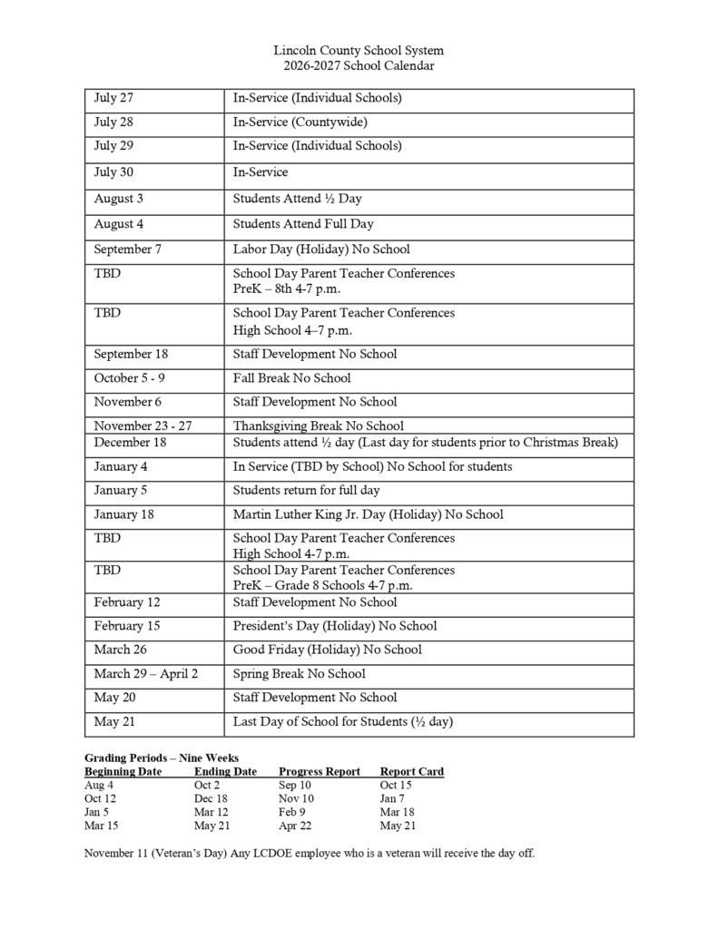 Lincoln County School System Calendar FAQ 2026-2027
