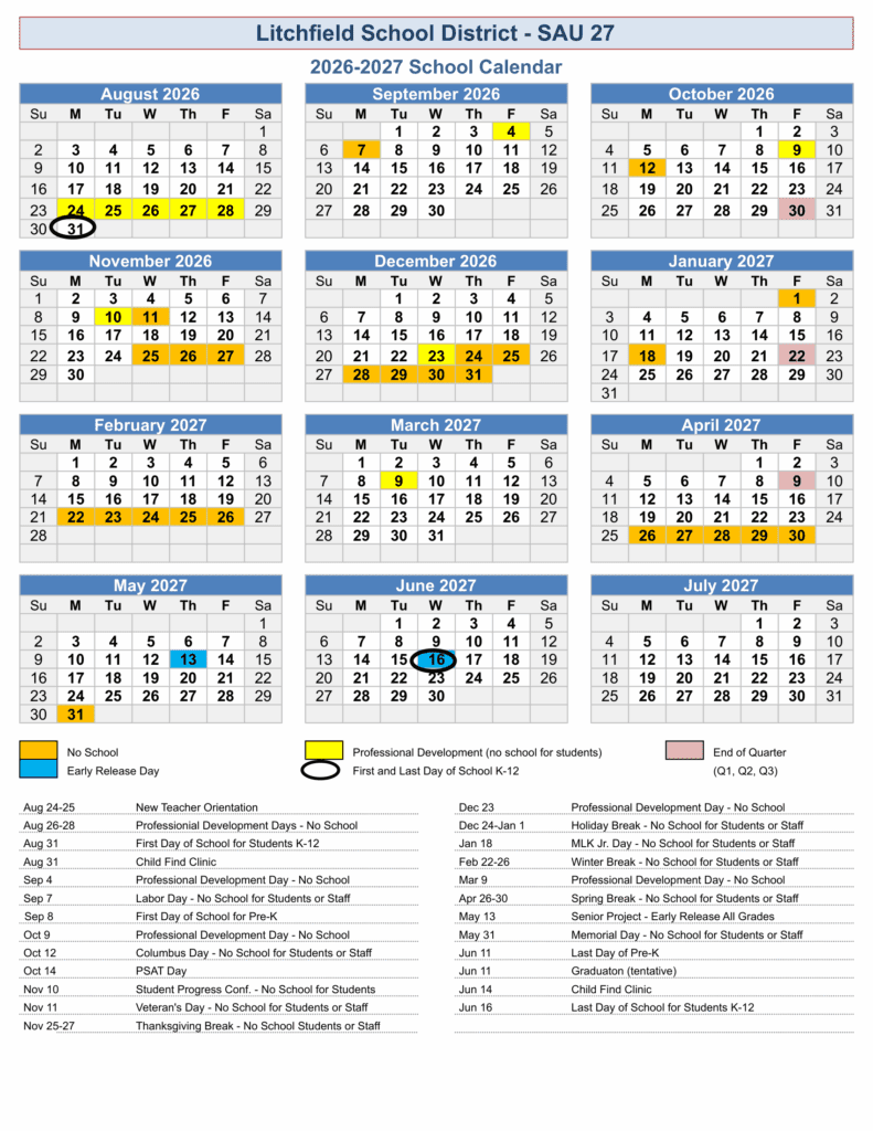 Litchfield School District - SAU 27 26-27 Calendar