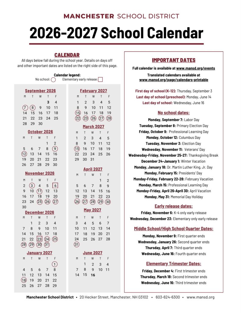Manchester School District Calendar 26-27 Revised [PDF]