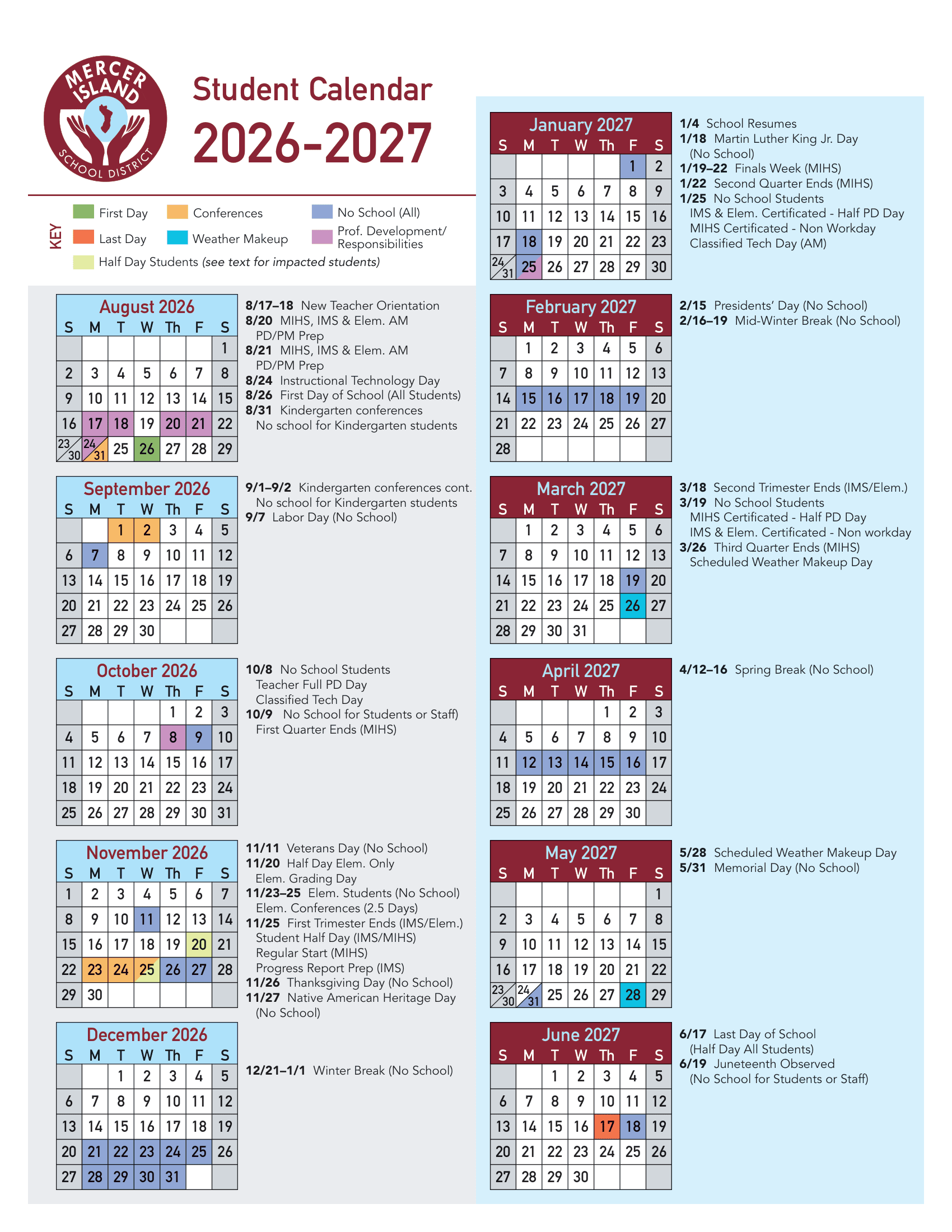 Mercer Island School District wa Calendar 26-27 [PDF]