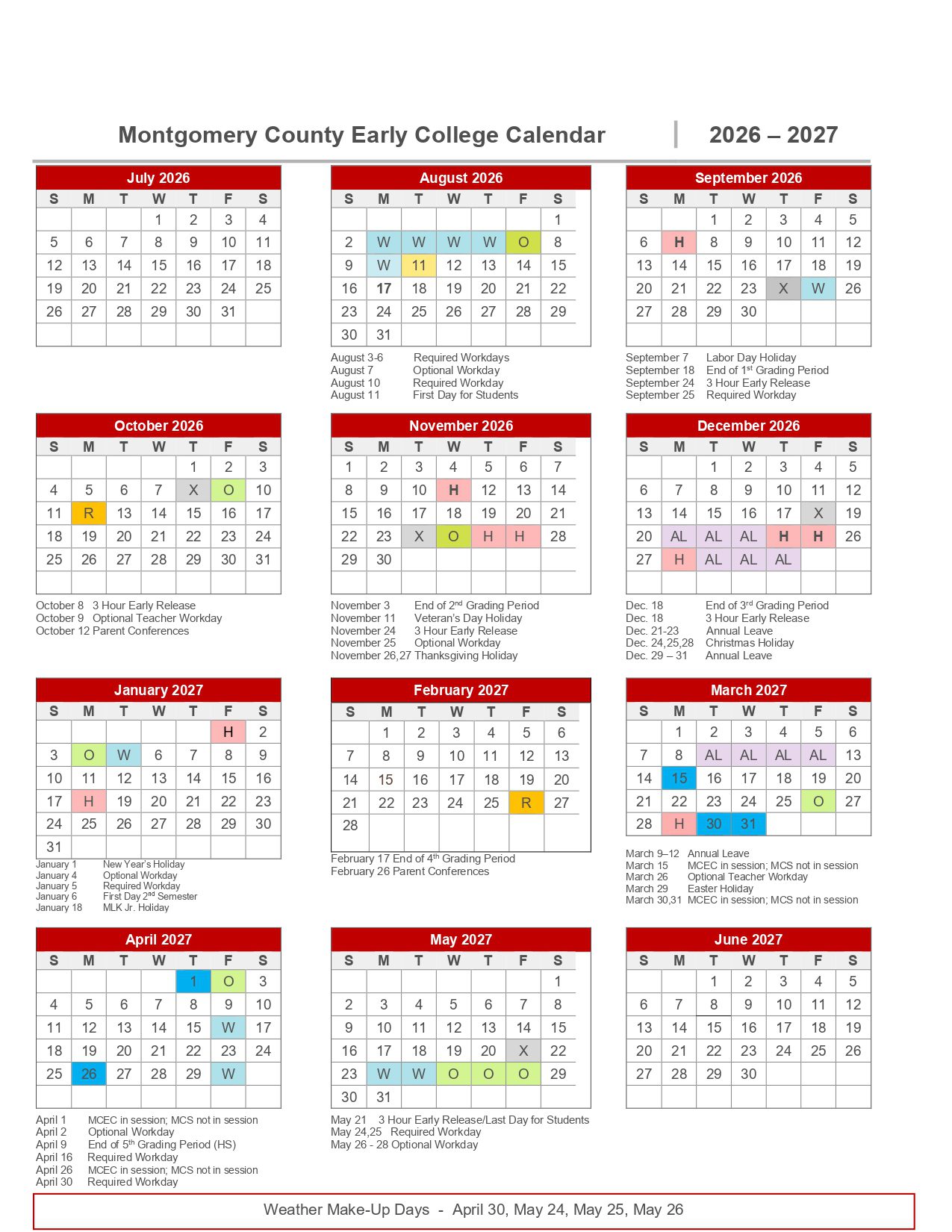 Montgomery County Schools  26-27 Calendar [PDF] Updates